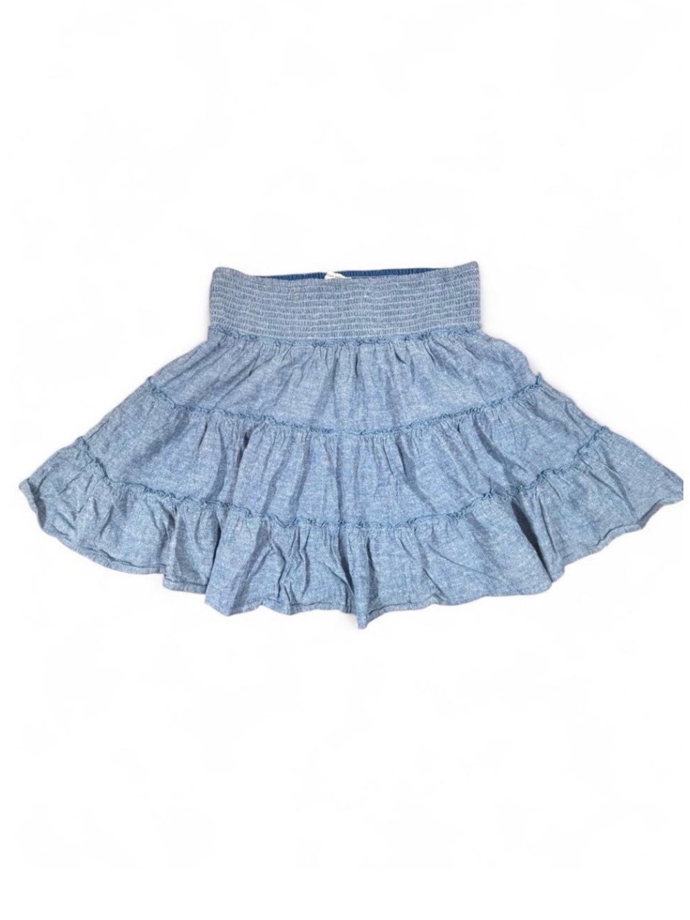 American Eagle Smocked Denim Ruffle Mini Skirt Blue Tiered Lined Women's Medium